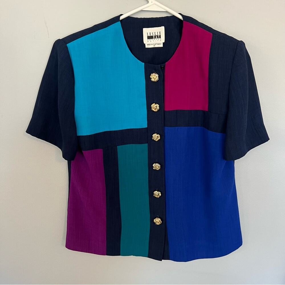 Leslie Fay Petites Vintage Colorblock Button Down Shirt Women's Size 6 Petite